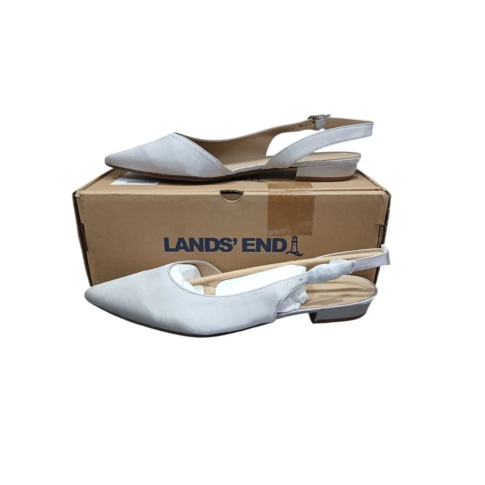 Lands End Silver White Satin Slingback Pointed Toe Low Heel Flats Womens 10